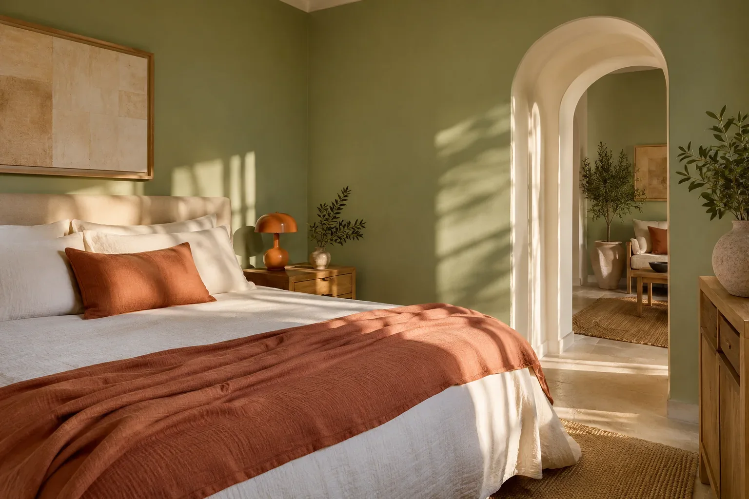 Chambre aux murs vert sauge, lit en lin blanc et plaid terracotta.
