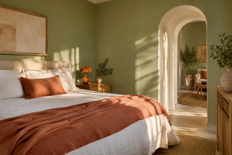 Chambre fictive aux tons sauge et terracotta